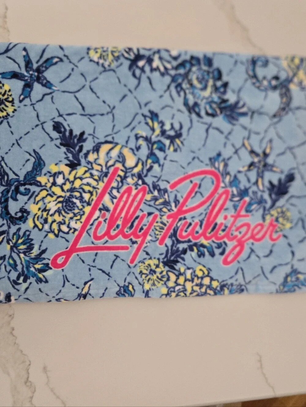 Lilly Pulitzer Blue Floral Beach Towel with Pink Logo